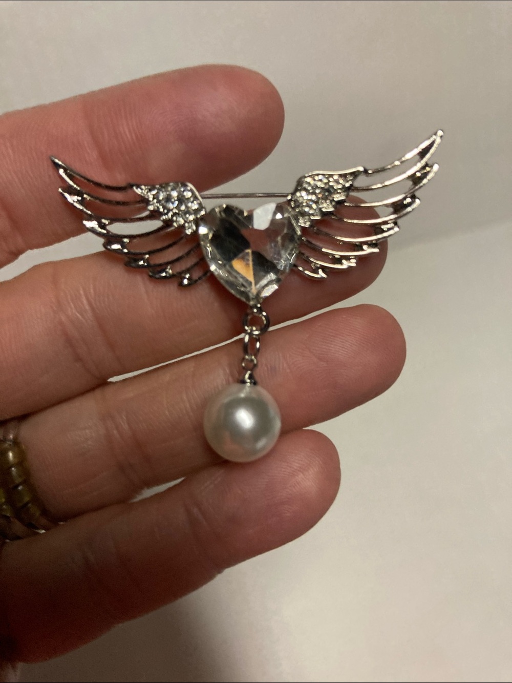 Silver Winged Heart Brooch with Faux  Pearl Drop